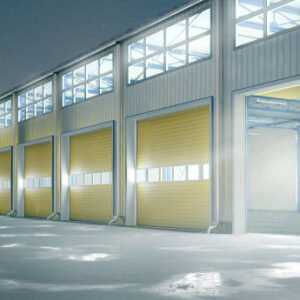 Hangar interior with glass gates. 3d illustration