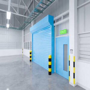 3d rendering of  factory building and shutter door and concrete floor for industry background.