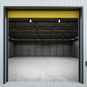 3d rendering warehouse interior with shutter doors opened